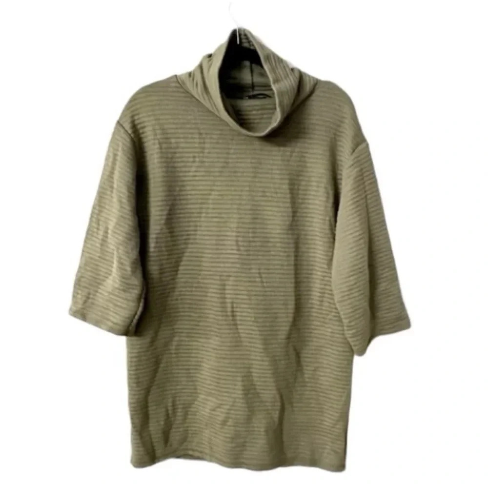Zara Ottoman 3/4 Sleeve Sage Green Ribbed Funnel Neck Sweater Size M GUC